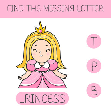 Find the missing letter is an educational game for kids with a princess. Cute cartoon princess character. Practicing English alphabet. Vector illustration.