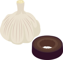 Cuisine ingredient icon isometric vector. Garlic and round black olive slice. Food concept, healthy nutrition