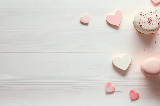 Hearts on white wooden background. Valentines day design. Mother's day. Generative AI