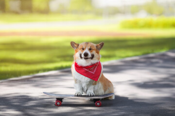 cute corgi dog stands on a skateboard in the city sunny summer park