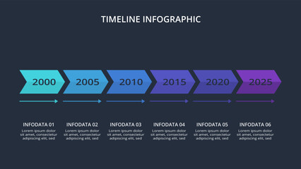 Timeline infographic with 6 elements template for web on a black background, business, presentation, vector illustration