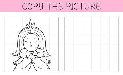 Copy the picture is an educational game for kids with a princess. Cute cartoon character princess coloring book. Vector illustration.