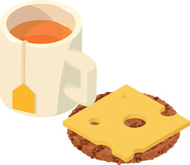 Traditional breakfast icon isometric vector. Tea cup and grill meat with cheese. Food concept, healthy nutrition