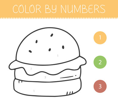 Color by numbers coloring book for kids with a burger. Coloring page with cute cartoon hamburger. Monochrome black and white. Vector illustration.