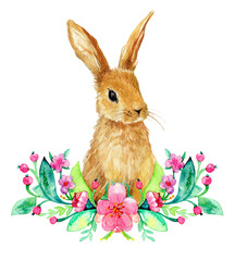 Easter bunny watercolor illustration, spring flowers wreath and greenery, 600 dpi PNG with transparent background, fluffy hare