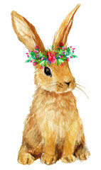 Easter bunny watercolor illustration, spring flowers wreath and greenery, floral crown, 600 dpi PNG with transparent background