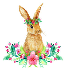Easter bunny watercolor illustration, spring flowers wreath and greenery, colorful floral crown, 600 dpi PNG with transparent background