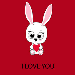Postcard for Valentine's Day.Cute bunny with red heart. Design for greeting cards, love banner, decor