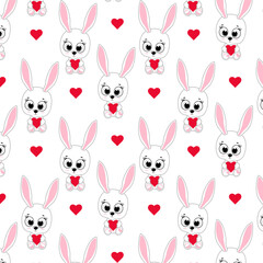 Seamless patern for Valentine's Day.Cute bunny with red heart. Design for greeting cards, love banner, decor