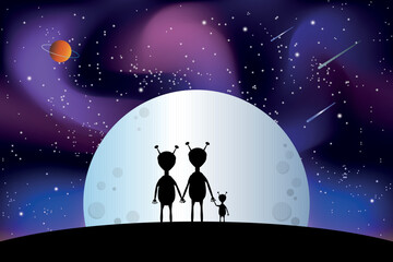 Cute vector aliens family. Dad, mom and child. Galactic, stars, moon, comet, stars, space, universe. Cartoon martians illustration. Humanoids silhouette