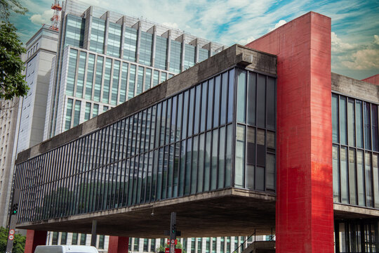 S&atilde;o Paulo, Brazil - 01, 2023: Aerial view of Av. Paulista in S&atilde;o Paulo, SP.  MASP, important museum of latin america
