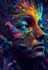 The Beauty of Vibrant Colors in a Psychedelic Face. Generative ai