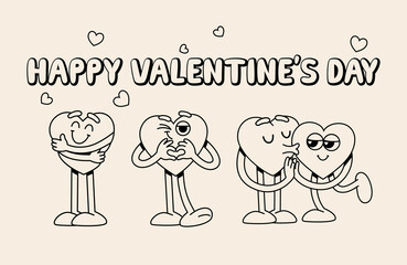 Set of Funny Retro Love Illustration. Vector Characters in Vintage Style. Groovy Hippie Valentine's Day Clipart. Concept of Varieties of Love