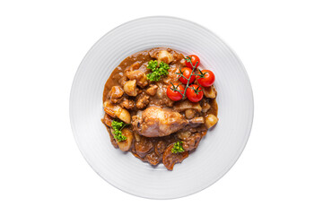 rooster in wine cuisine vegetable, cgicken meat dish meal food snack on the table copy space food background rustic top view