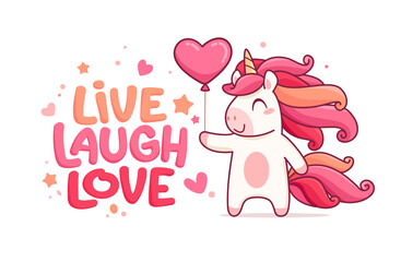 Inspirational quote " live, laugh, love " with cute Red Unicorn card or poster template for Valentine's day. Greeting card or invitation with unicorn holding heart.  Cartoon style vector illustration