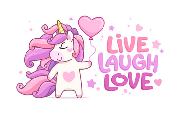Inspirational quote " live, laugh, love " with cute Pink Unicorn card template for Valentine's day. Greeting card or poster with unicorn holding heart. Cartoon style vector illustration © VRTX
