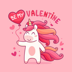 Obraz na płótnie Canvas Be My Valentine cute greeting card template with Unicorn. Red Unicorn with Heart and lovely phrase in card for Valentine's Day and holiday greetings. Vector illustration