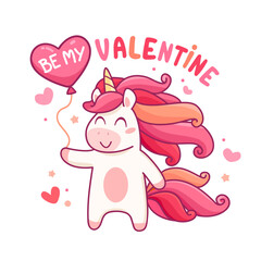Obraz na płótnie Canvas Be My Valentine card for Valentine's day with cute red Unicorn. Unicorn greeting card or invitation in cartoon style. Valentine's Day card with unicorn holding heart balloon. Vector illustration