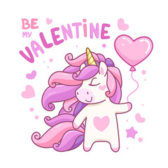 "Be My Valentine" cute handwritten greeting card template. Pink Unicorn with Heart cartoon card for Valentine's Day and holiday greetings. Isolated vector illustration