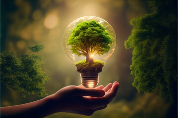 A person holding a lightbulb with a tree inside it. Generative AI