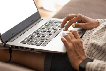 Girl hands typing on laptop or computer keyboard  in the living room with day light. Home office.