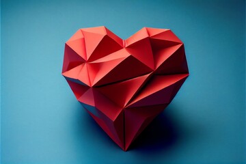 A red paper origami heart on a blue background representing love or Valentines day. Generative AI