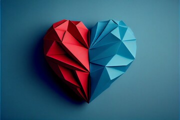 A red paper origami heart on a blue background representing love or Valentines day. Generative AI