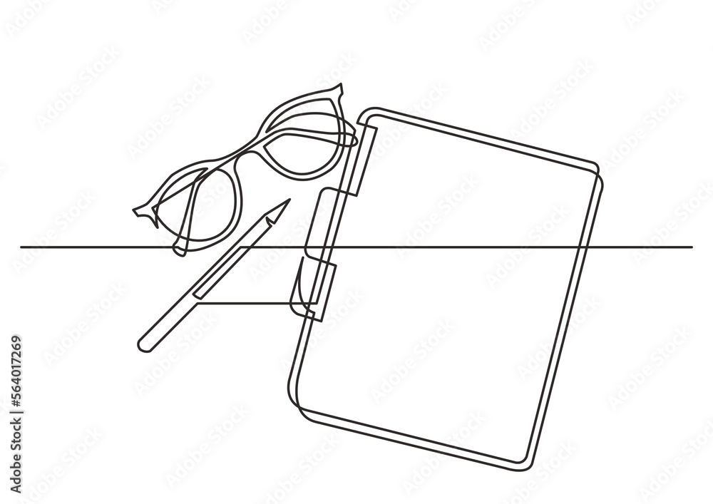 Poster continuous line drawing vector illustration with fully editable stroke of glasses notepad pen