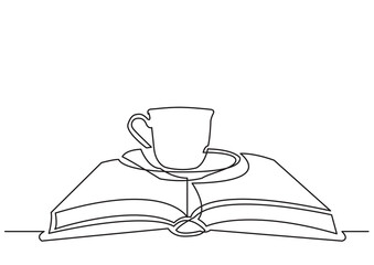 continuous line drawing vector illustration with FULLY EDITABLE STROKE of cup of tea on book
