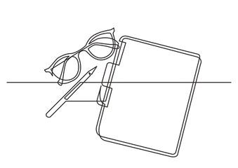 continuous line drawing vector illustration with FULLY EDITABLE STROKE of glasses notepad pen