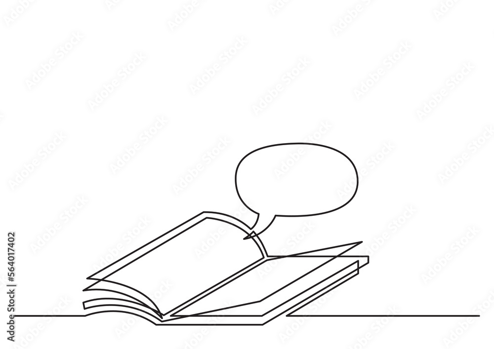 Poster continuous line drawing vector illustration with fully editable stroke of open book with speech bubb