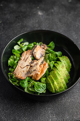 salad sardine green leaves, avocado, vegetable dish meal food snack on the table copy space food background rustic top view