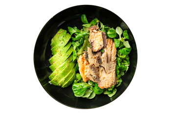 salad sardine green leaves, avocado, vegetable dish meal food snack on the table copy space food background rustic top view