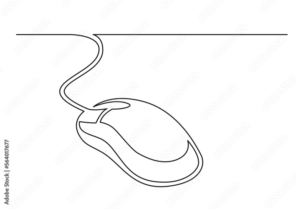 Poster continuous line drawing vector illustration with fully editable stroke of wired computer mouse