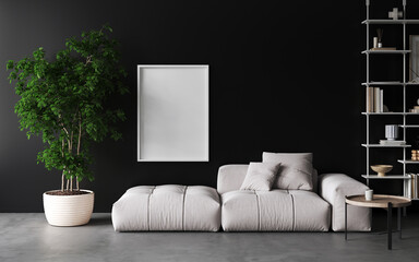 Open space or modern living room with beige sofa, decorative pillows, green tree in a pot, concrete floor.Empty white frames on wall for art exhibition, mockup frame.Black wall. 3d 