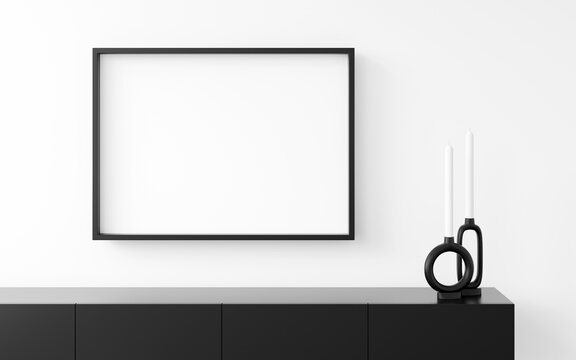 Horizontal empty photo frame on the wall. Mock up frame close up in home interior background. White wall. 3d rendering. Template	