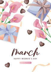 International Women's Day, 8 March banner design with number eight, pink calla lilies, chocolate hearts, gifts, ribbons. Romantic floral Mother's Day design for greeting card, poster, postcard, flyer.