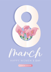 International Women's Day, 8 March banner design with number eight, pink calla lilies, chocolate hearts, gifts, ribbons. Romantic floral Mother's Day design for greeting card, poster, postcard, flyer.