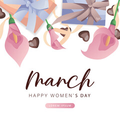 International Women's Day, 8 March banner design with number eight, pink calla lilies, chocolate hearts, gifts, ribbons. Romantic floral Mother's Day design for greeting card, poster, postcard, flyer.