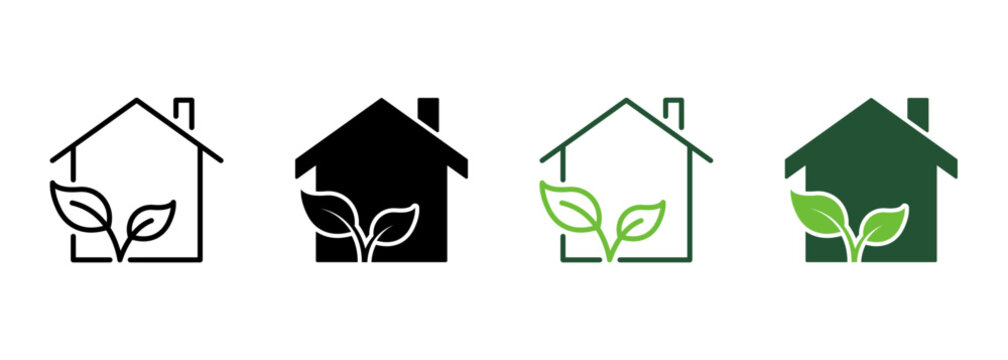 Eco Green House Line and Silhouette Icon Color Set. Ecology Real Estate Building with Leaf Pictogram. Bio Natural House Symbol Collection on White Background. Isolated Vector Illustration