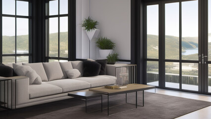 modern living room with view, postmodern, luxurious, Generative AI
