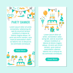 Birthday party flat line banner with text space and button. Event party carnival festival celebration background with abstract minimal color elements cake gift balloons muffin hat vector illustration.