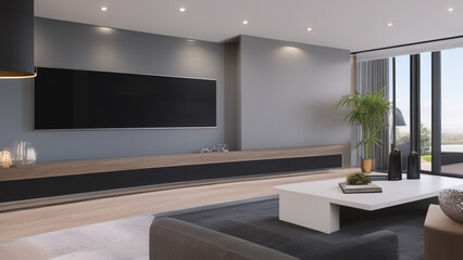 modern living room with view, postmodern, luxurious, Generative AI