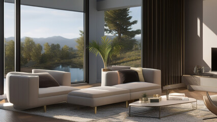 Obraz na płótnie Canvas modern living room with view, postmodern, luxurious, Generative AI