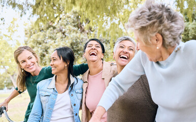 Senior women, park and friends laughing at funny joke, crazy meme or comedy outdoors. Comic, happy or group of retired females with humor bonding, talking and enjoying quality time together in nature