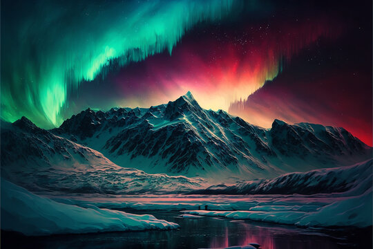 Aurora polar lights with snowy mountain landscape