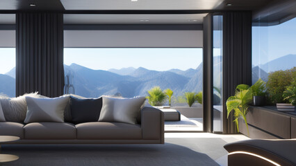 Obraz na płótnie Canvas modern living room with view, postmodern, luxurious, Generative AI