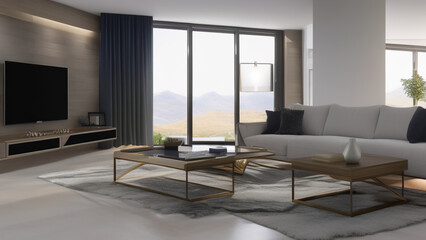 Fototapeta na wymiar modern living room with view, postmodern, luxurious, Generative AI
