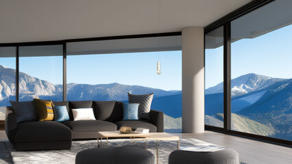 Fototapeta premium modern living room with view, postmodern, luxurious, Generative AI