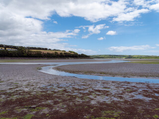 Open seabed after low tide, swamp area. Green hilly landscape on a sunny summer day. White cumulus clouds in a blue sky. Irish landscape. The coast of Clonakilty Bay, County Cork.